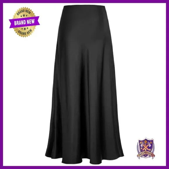 Satin High Waisted Maxi Skirt Hidden Elastic Waistband A-Line Long - Picture 7 of 8